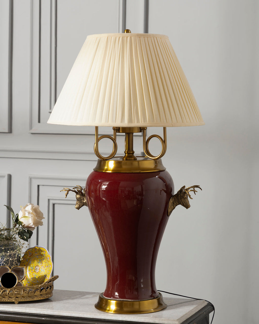 Majestic Brass Deer Crest Table Lamp