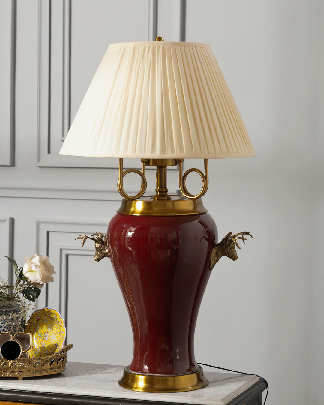 Majestic Brass Deer Crest Table Lamp