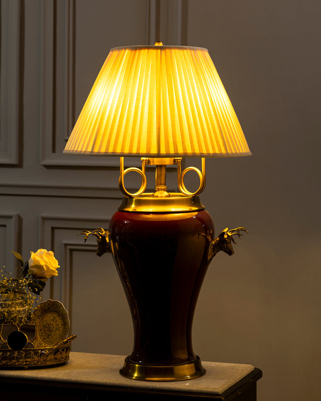 Majestic Brass Deer Crest Table Lamp